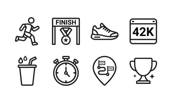 Outline icons illustrating running, marathons, training, and athletic achievements