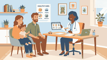Fototapeta premium 2D Flat Vector Doctor consults with a family about healthy kids development and vaccinations