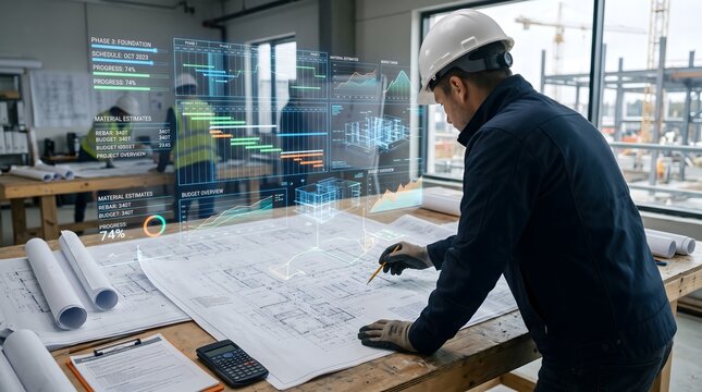 Architect working on blueprints in a modern design office