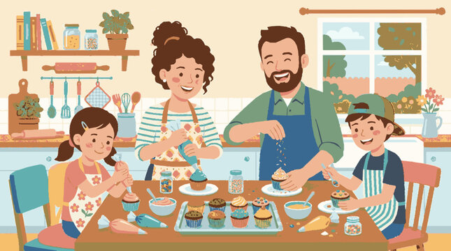 2D Flat Vector Family baking cupcakes together in a cozy kitchen scene
