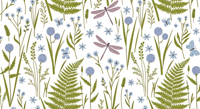 Delicate dragonflies and blue wildflowers amidst green ferns and grasses nature floral pattern dragonfly