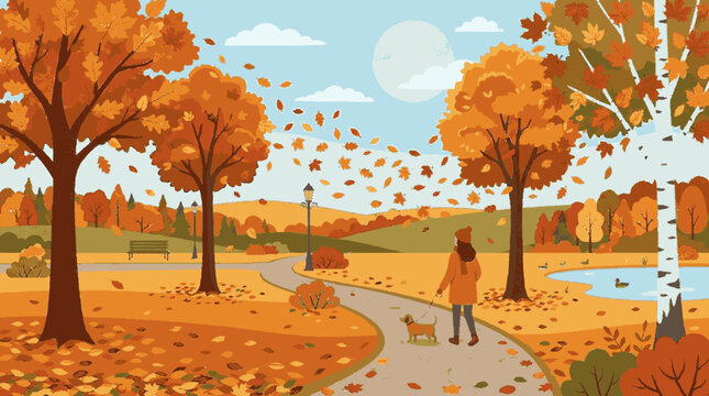 2D Flat Vector Autumn park scene with a person walking a dog among falling leaves and colorful trees