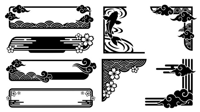 Blank Asian vector lower third banner frames, text boxes and borders. Features traditional black and white koi fish, geometric waves, cloud and sakura