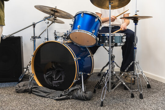 Close-up of Blue Drum Kit during Studio Practice