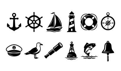 Coastal Adventure Nautical Silhouette Vector Icons with Sailing Equipment and Marine Symbols © Aslam