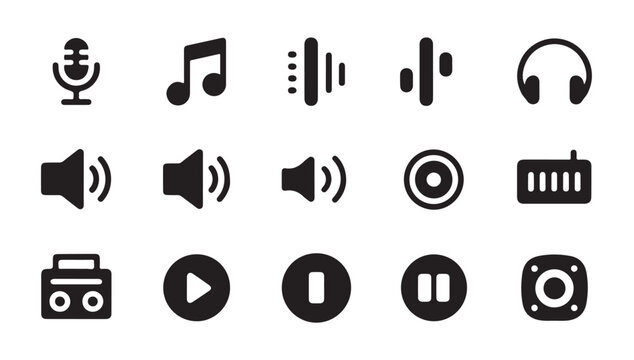 Music and audio icon set microphone notes waveform controls play pause cd equalizer and speaker icons.