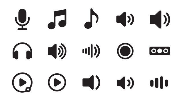 Audio and music icons microphone notes speaker headphones waveform play pause cd and equalizer control symbols.