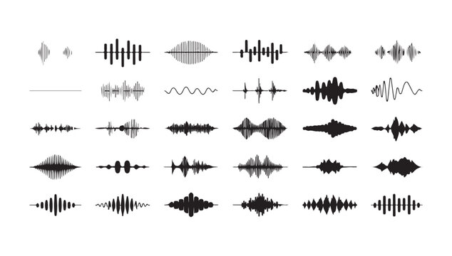 Variety of sound wave and audio signal visualizations in abstract graphic designs.