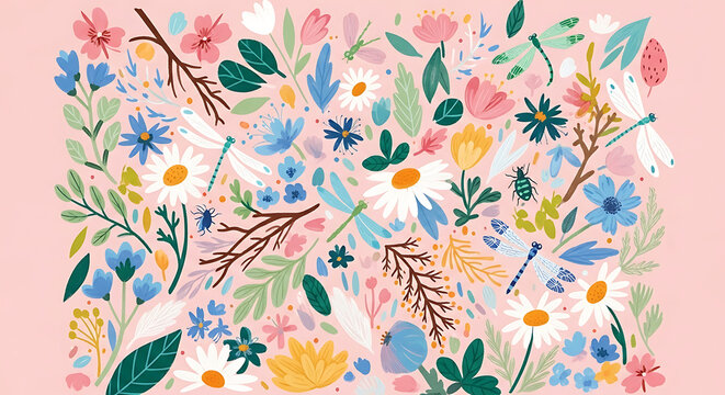 Pink floral pattern with dragonflies and insects on a light pink background dragonfly