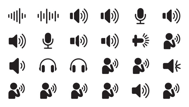 Human voice and sound icons microphone speaker headphone and volume control symbol collection.