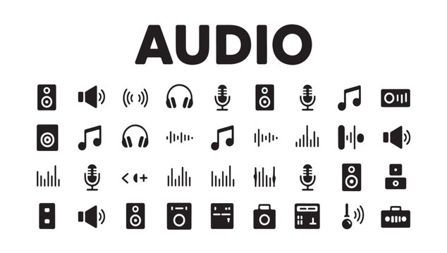 Audio icons set displaying sound bars equalizers speaker volumes and studio equipment tools.