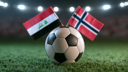 Fototapeta premium Soccer ball on stadium grass between Iraq vs Norway national flags, international football match concept under dramatic stadium lights