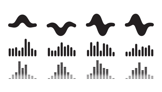 Abstract sound waves and audio equalizer bars on white background graphic.