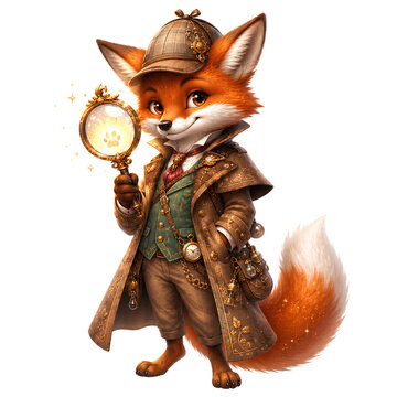 Elegant fox explorer in steampunk attire holding a glowing pocket watch, fantasy adventure character isolated on dark background.