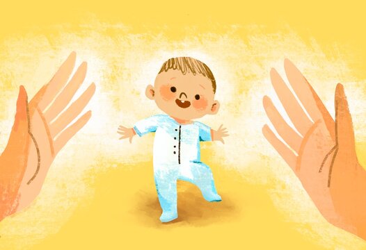 Baby Taking First Steps with Mother Support