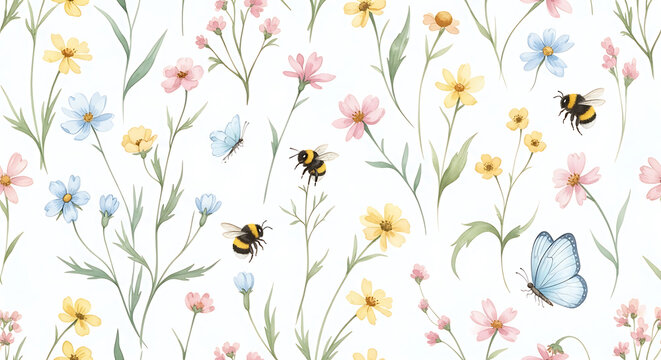 Watercolor wildflowers and bumblebees pattern with butterflies and delicate foliage butterfly