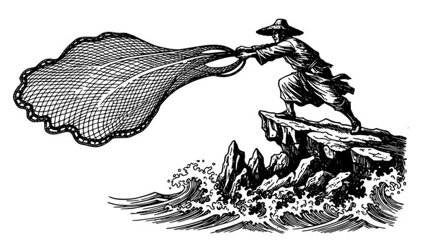 Traditional fisherman casting net woodcut style vector illustration