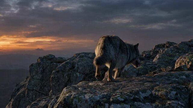 Majestic Grey Wolf Standing on a Rocky Cliff Peak Against a Dramatic Sunset Sky for Wildlife Documentary and Nature Conservation Visual Projects
