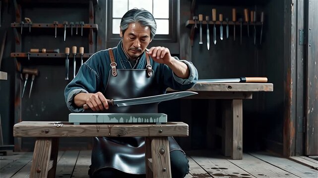 Master Blacksmith Sharpens Traditional Japanese Sword with Sparks Flying.