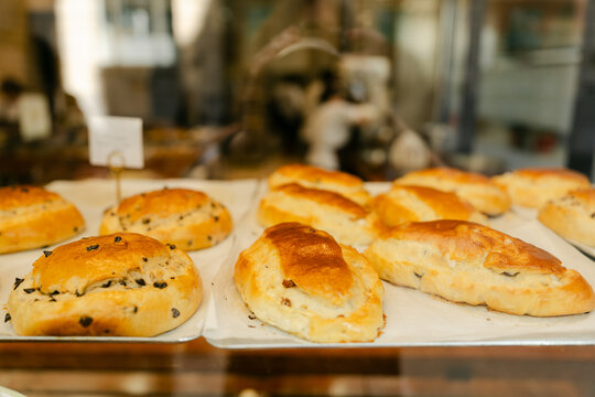 Baked goods in the window of a bakery in Lyon France