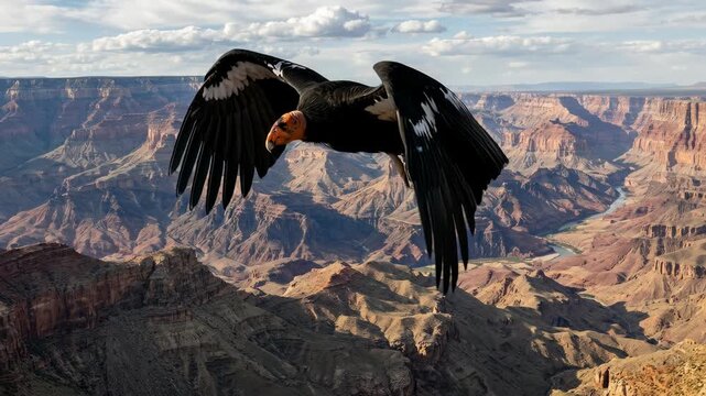 California Condor Flying Over the Grand Canyon for Wildlife Documentary, Nature Education, and National Park Tourism Promotion