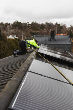 Professional Technician Inspecting Solar Panels
