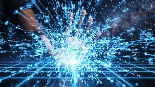 Hand reaching out over neon grid against starry galaxy background