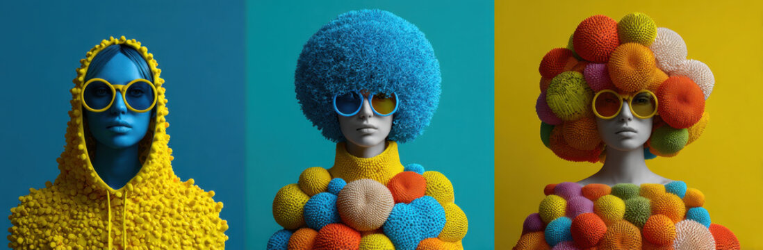 Bright and colorful fashion portraits showcase unique hairstyles and vibrant textures. models wear oversized sunglasses and striking outfits, creating playful and artistic atmosphere
