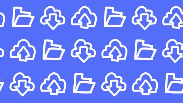 Seamless pattern of hand-drawn cloud upload, download, and open folder icons on a blue background animation. Cloud computing data storage wallpaper and transfer line art.