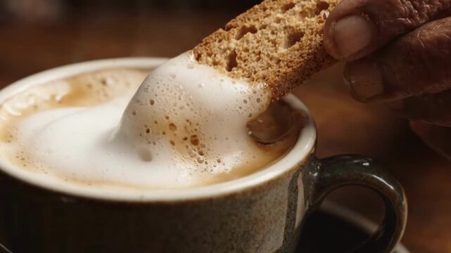 Hand dipping biscotti into a steaming cup of cappuccino