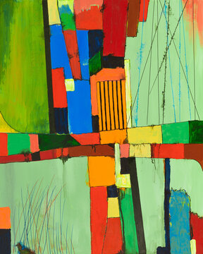 An abstract painting, predominently green and red.