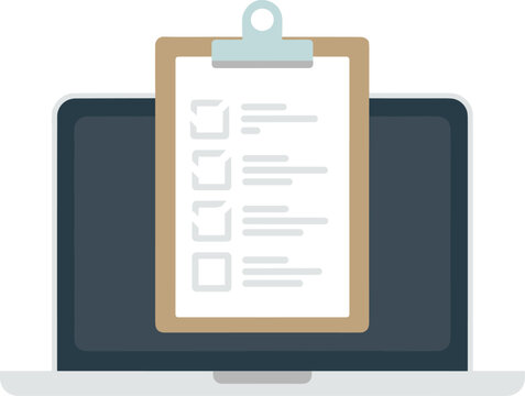 Laptop screen with online survey clipboard checklist, digital document question form layout, internet quiz review report isolated icon
