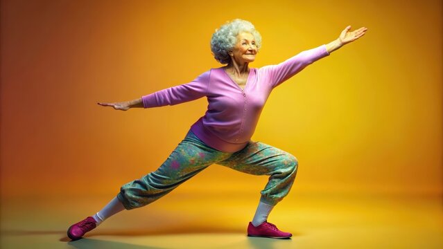 Funny old lady doing gymnastics or dancing on colored background