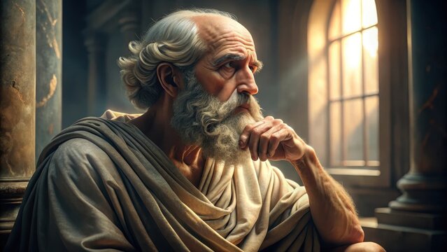 Ancient stoic philosopher in contemplative pose with timeless wisdom