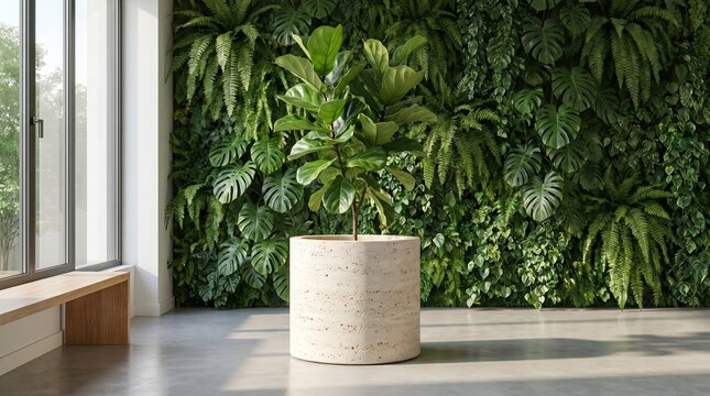 Fiddle leaf fig plant in large travertine stone planter against lush vertical garden wall