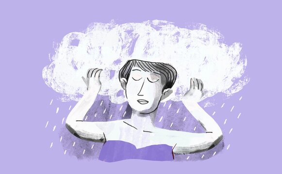 Woman Holding Rain Cloud Above Her Head &ndash; Emotional Concept