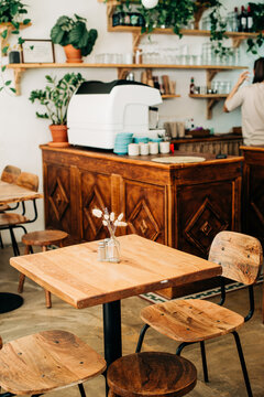 Cafe counter with espresso machine wooden bar and indoor plants