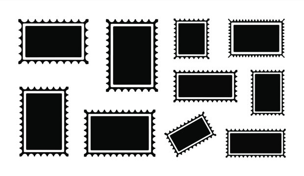 Postage stamp silhouette collection of blank perforated frames with classic wavy borders.