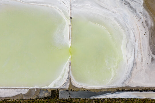 Drying edges around a fenceline running through a green salt lake