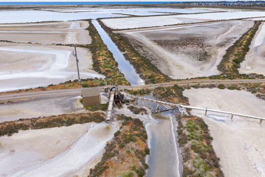 Pump station with selltling ponds and creek running through salt works