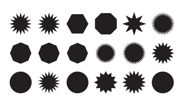 Geometric starburst and sunburst shapes set for promo badges and marketing stickers vector.