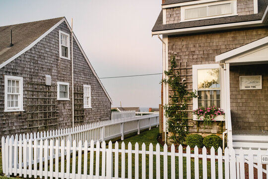 Nantucket Cottages and White Picket Fence Leading Toward the Ocean in 