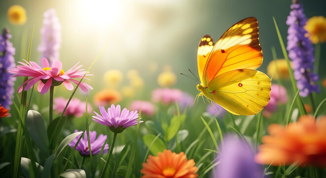 Yellow butterfly with orange wings flies over colorful blooming flowers flying desig