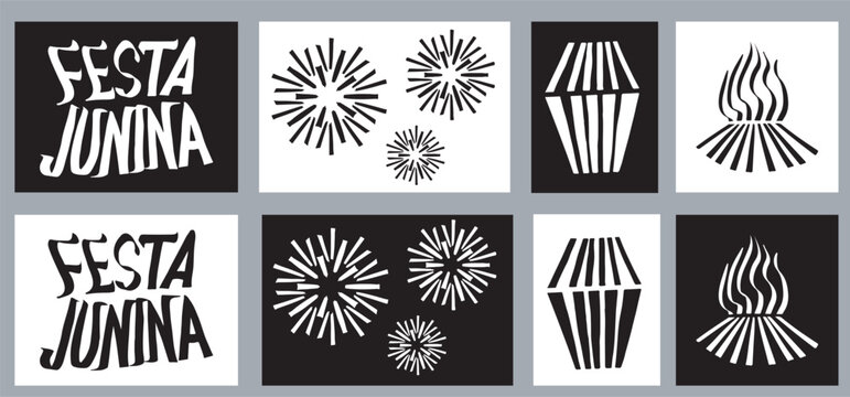Brazilian June festival with a bonfire, balloons, and fireworks in black and white.eps