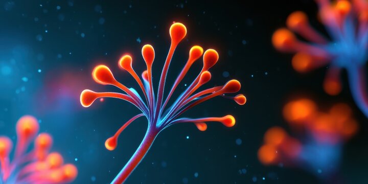 Microscopic fungal spores spreading in a dark environment nature science close-up biological concept