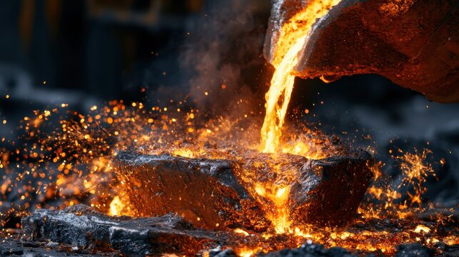 Glowing molten metal pouring from a crucible into a mold with flying sparks.