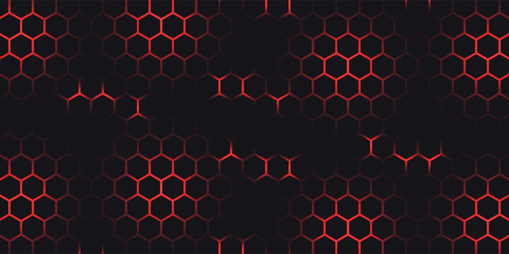 Hexagon game background with glowing red honeycomb grid on black surface. Abstract geometric pattern of connected cells for futuristic interface design. Digital technology bg with luminous edges.