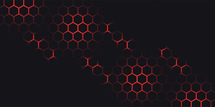 Hexagon game background with glowing red honeycomb grid on black surface. Abstract geometric pattern of connected cells for futuristic interface design. Digital technology bg with luminous edges.
