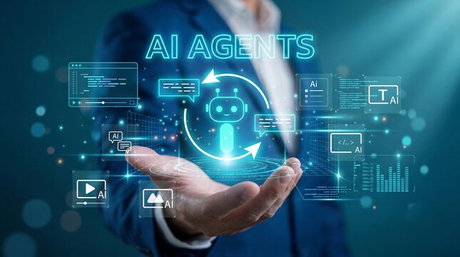 Multi AI agents concept with virtual chatbot icons and automation workflow, representing intelligent systems collaboration, generative artificial intelligence and digital business transformation.