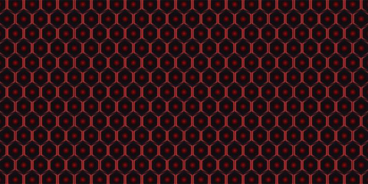 Hexagon game background with glowing red honeycomb grid on black surface. Abstract geometric pattern of connected cells for futuristic interface design. Digital technology bg with luminous edges.